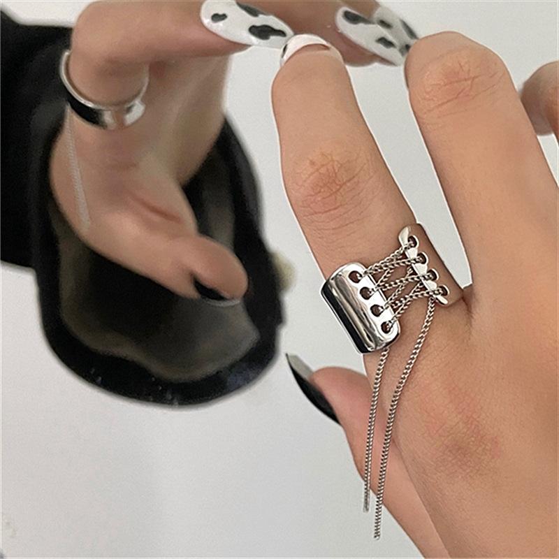 Wide Tassel Gothic Edge Chain Rings Women Hip Hop Punk Vintage Adjustable Opening Ring Aesthetic Geometric Goth Rings