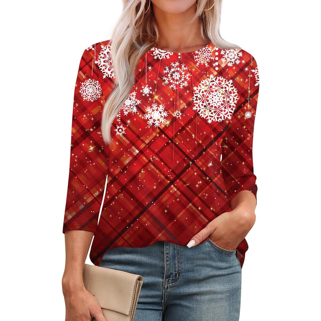 Женская модная футболка с круглым вырезом и рукавом 3/4 с принтом, повседневная, базовая, плиссированная, пуловер