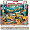 One 2D flat birthday banner, featuring engineering excavators and bulldozers, with background decorations and photo props