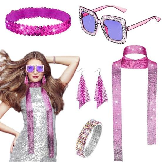 5 Pcs/Set Women Jewelry Set Sequin Rhinestone Decor Vintage 60s 70s Disco Party Favors Cosplay Earrings Sunglasses Bracelet Headband Scarf Set