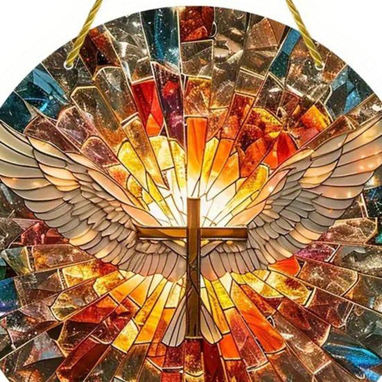 Angel Wing Suncatcher Hanging Decoration Stained Glass 2D Flat Acrylic Glass Window Wall Hanging Round Sign Ornament Christian Religious Gift