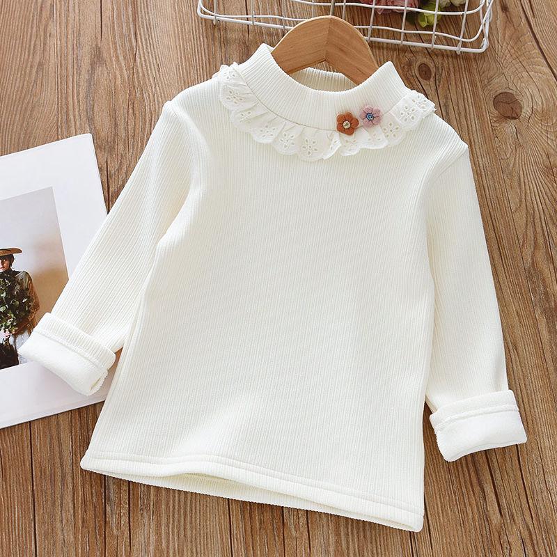 Girls' Winter Velvet Lace Turtleneck Knit T-Shirt