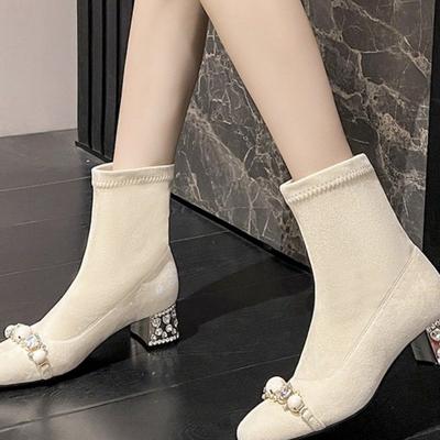 Облегающие короткие ботинки женские 2025 новая осень и зима стразы милые толстый каблук высокий каблук бархатные эластичные тонкие ботинки ботинки Мартин