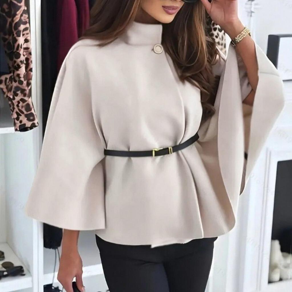 Women's Fashion Solid Waist Tie Woolen Cape Coat