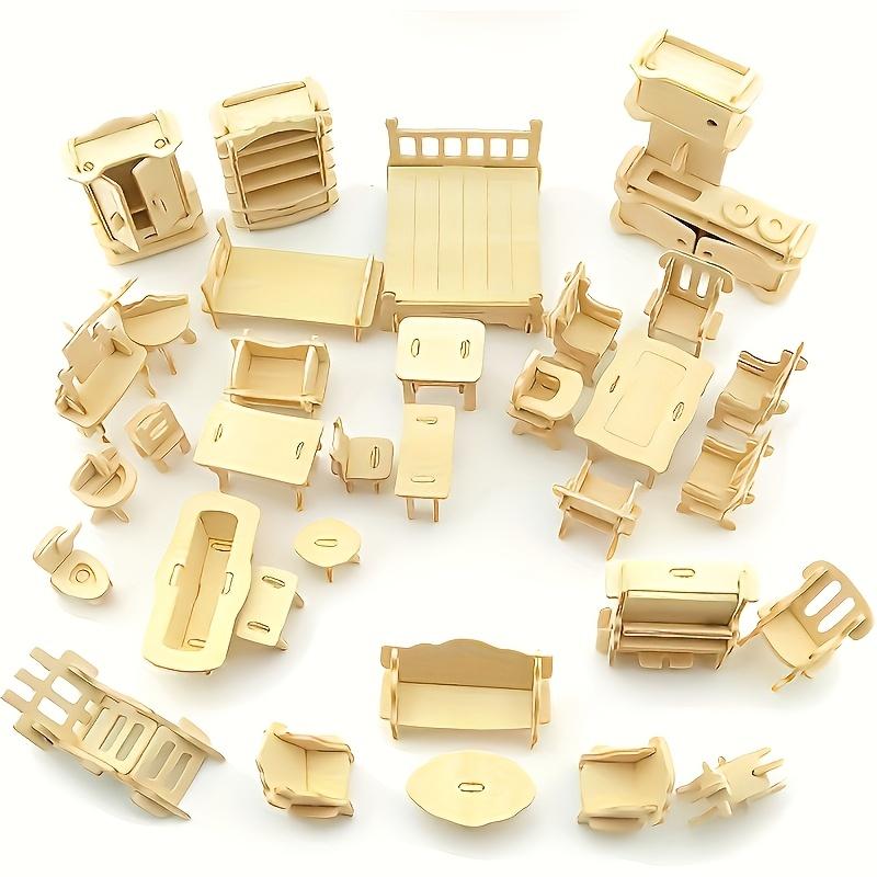 Деревянный набор мебели для кукольного домика DIY, 3D-пазл, аксессуары для миниатюрной комнаты, коллекция моделей мебели для мини-дома из натурального дерева