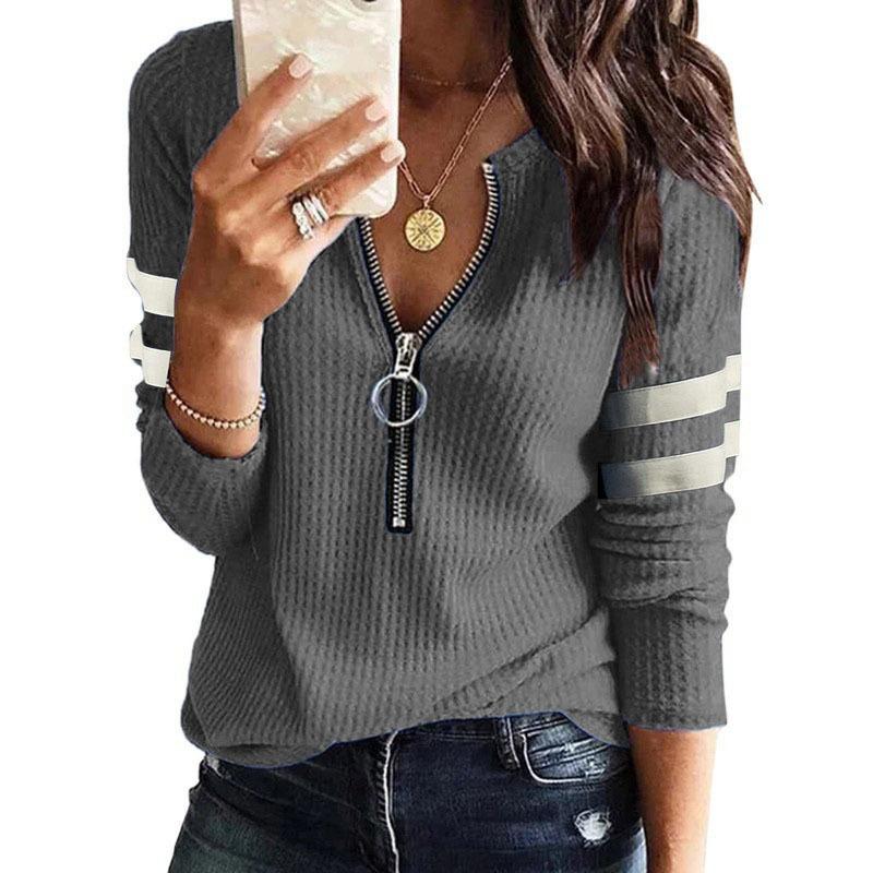 Women's Long Sleeve Zip V Neck Knit Plus Size T-Shirt