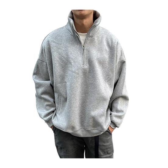 Men Fall Winter Sweatshirt Half-zipper Stand Collar Pure Color Loose Pullover Long Sleeves Casual Daily Streetwear Top