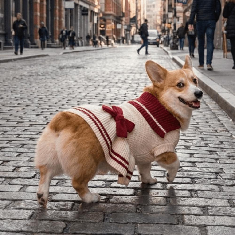 Warm Dog Sweater Dress Knit Sweater Bow Yarn Skirt Fashion Striped Dog Sweatshirt Daily Wear