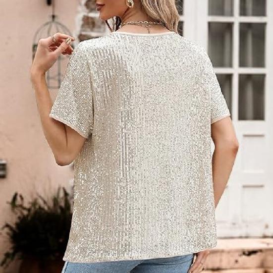 Женские топы с круглым вырезом, коротким рукавом, свободного кроя, футболка с блестящими пайетками