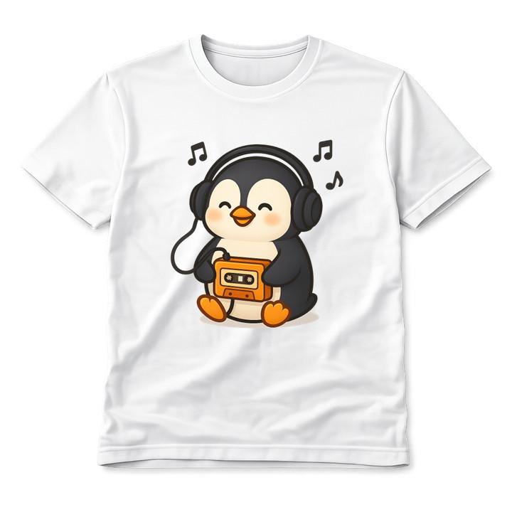 Cute Penguin T-Shirt Unisex Funny Cartoon Graphic Retro Cassette Headphone Music