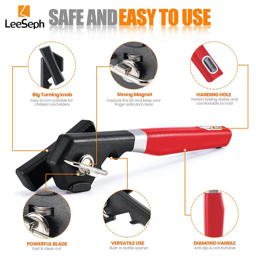 Leeseph Can Opener, Portable Stainless Steel Cutting Can Opener Side Cut Design with Magnet, for Home Restaurant Kitchen Tool