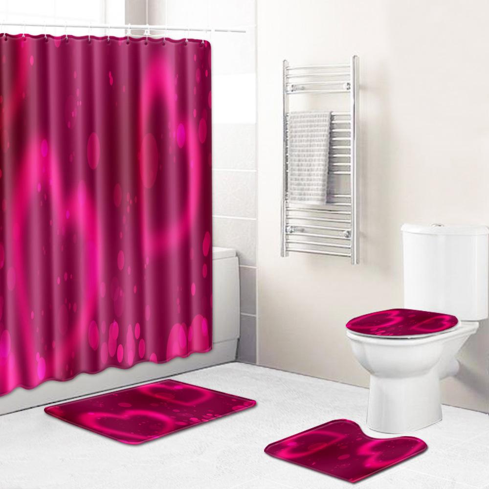 Love Valentine'S Day Shower Curtain Floor Mat Four-Piece Set Bathroom Non-Slip Door Mat Bedroom Carpet