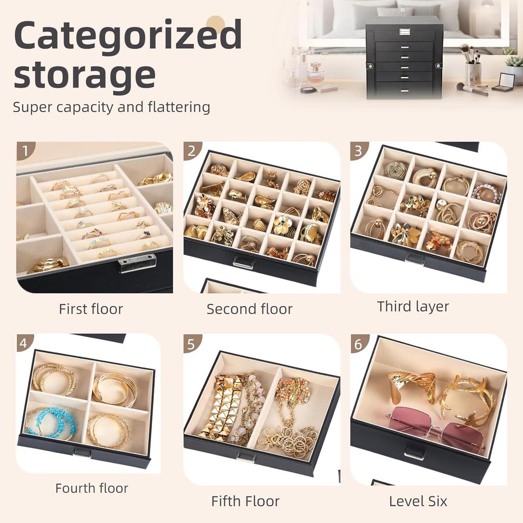 Шкатулка для украшений для женщин, 6-уровневый органайзер с зеркалом, запираемое хранилище, 5 выдвижных ящиков, держатель для ожерелий и серег (Серебристый / Черный)