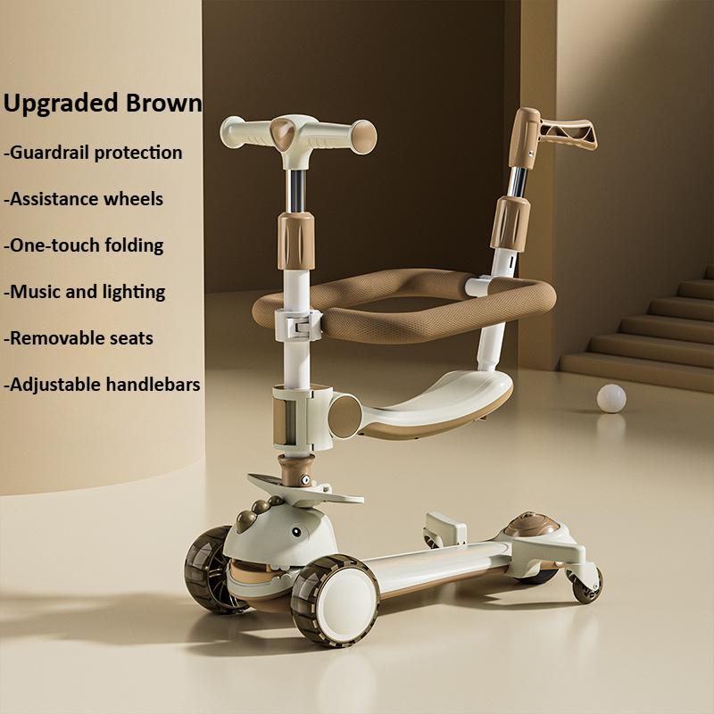 Детский кик-скутер 6-в-1 со светодиодными колесами, ручкой для толкания, поручнем, регулируемой высотой, реверсивным сиденьем, 3-колесный скутер для детей