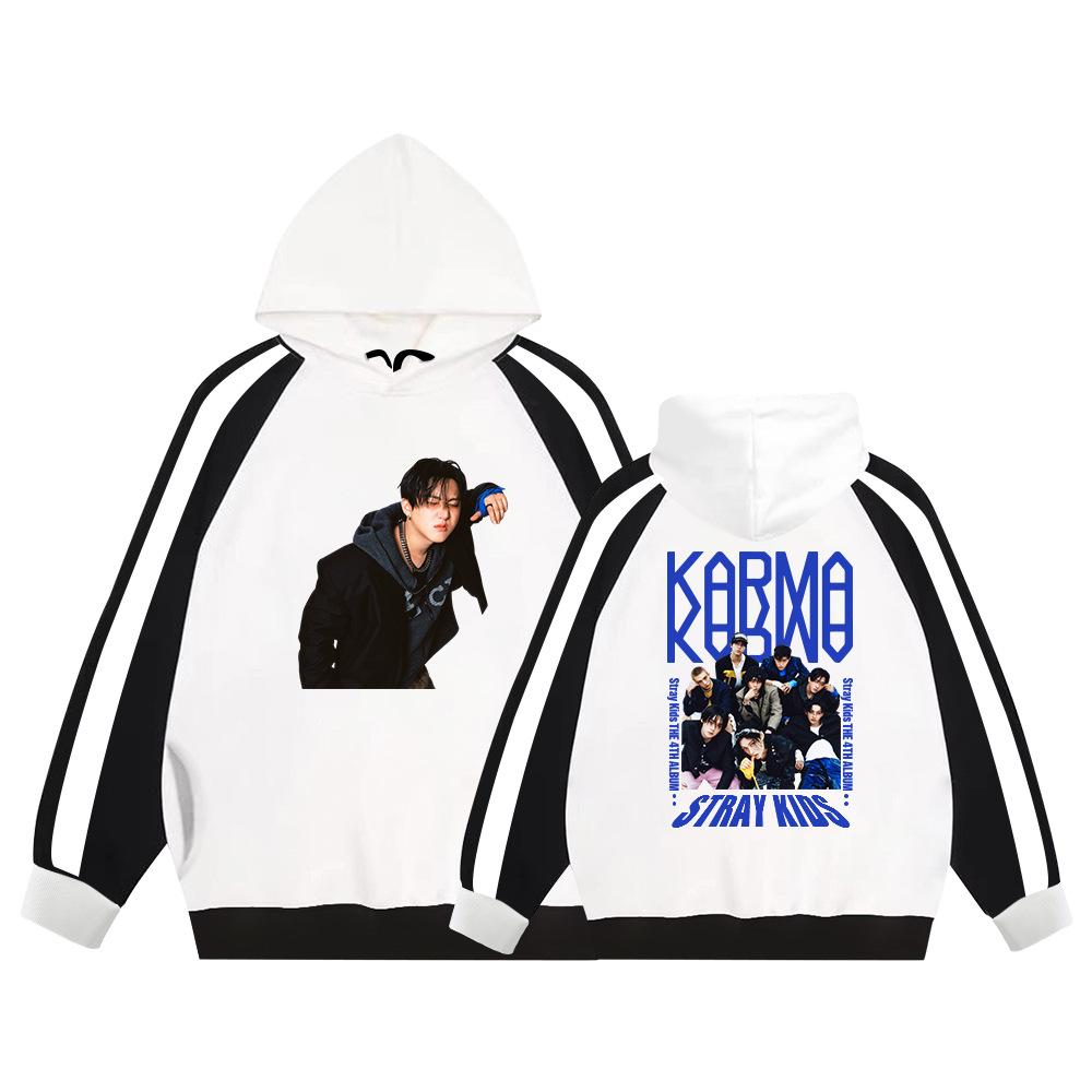 Stray Kids KARMA 4th Album Hoodie - Unisex Contrast Raglan Sleeve Fleece Pullover, Group Photo Graphic Winter Thermal Streetwear