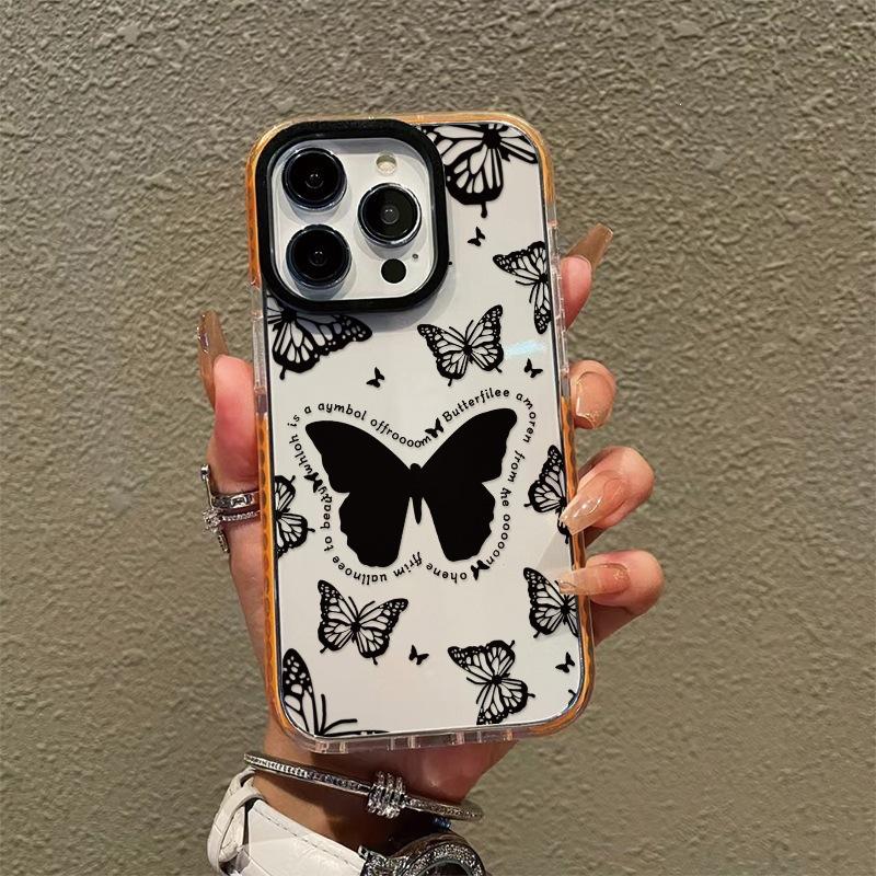Black butterfly mobile phone case IP13 advanced sense Internet celebrity Apple 15 mobile phone case 14Pro black frame new 12PM