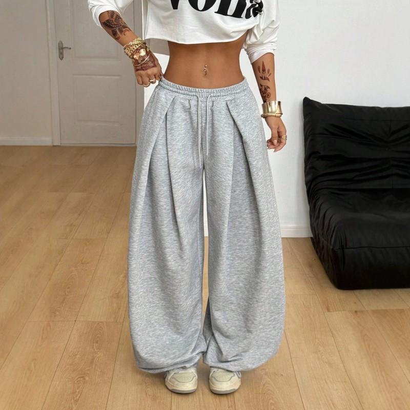 Womens Y2K Gray Sweatpants High Waist Loose Pleated Wide Leg Casual Sports Pants