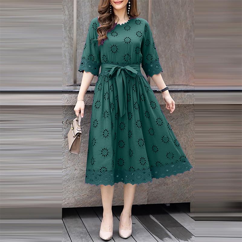 ZANZEA Женское повседневное платье с круглым вырезом, рукавом 3/4, свободное, лоскутное, с кружевом