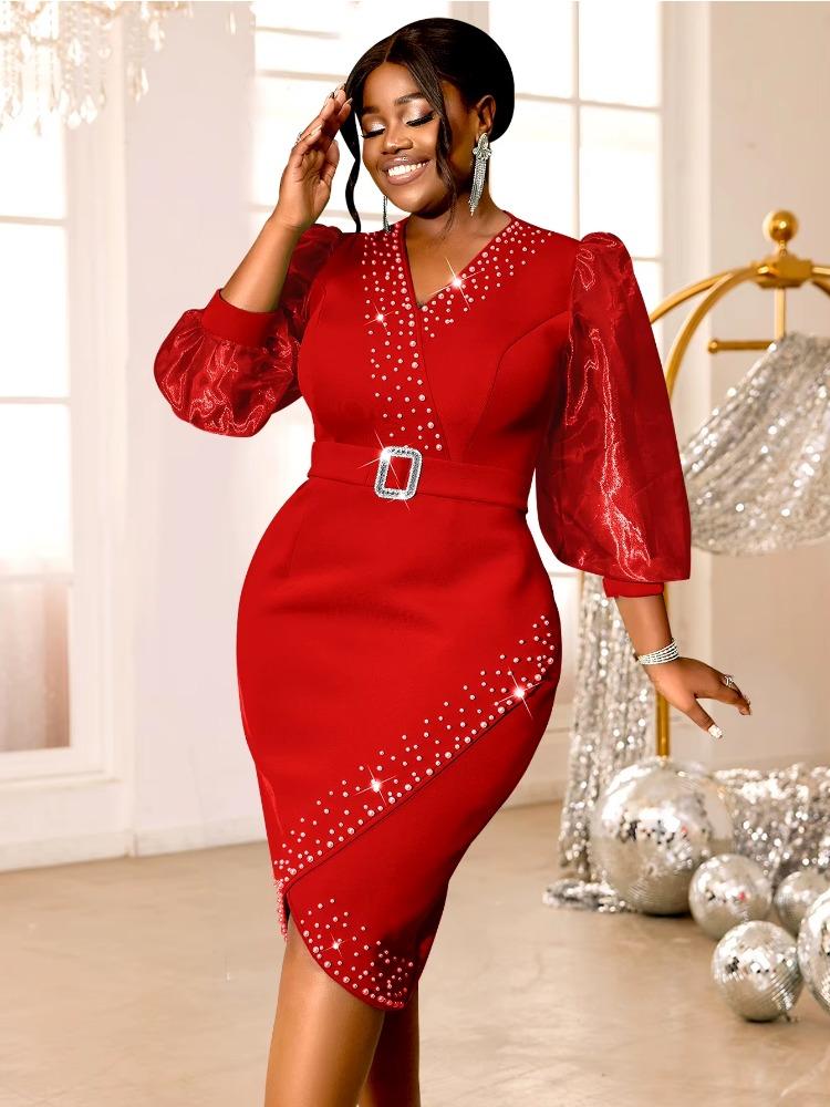 Luxury Evening Dress with V-neck Bead Belt Mesh Lantern Long Sleeve Sexy Women's Party Classy Office Ladies Wedding Guest Gowns