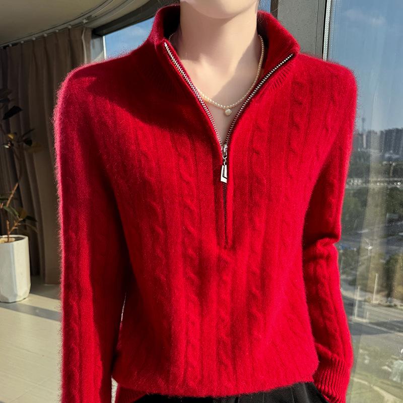 Autumn/Winter 2025 Women's High Neck Wool Knit Pullover: Ribbed Half-Zip, Soft & Fluffy Versatile Sweater