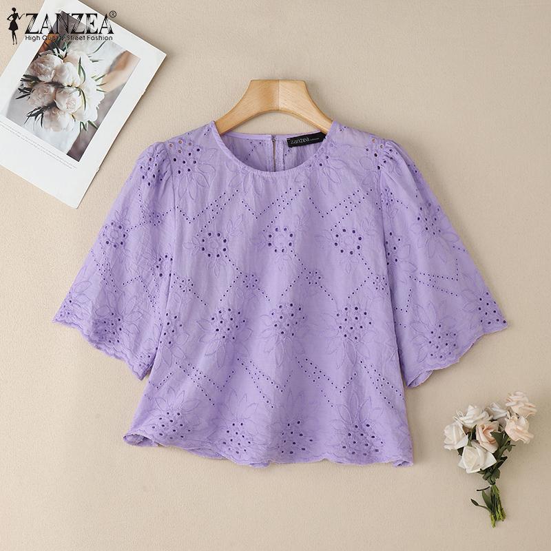 ZANZEA Женская повседневная летняя блузка с круглым вырезом и коротким рукавом с кружевной вышивкой