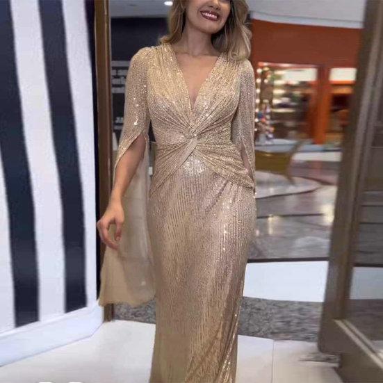 Женское вечернее платье с разрезом на рукавах, глубокий V-образный вырез, блестящие пайетки, облегающее, с узкой талией и узлом, плиссированное, полная длина, сплошной цвет, женское платье для выпускного банкета, макси