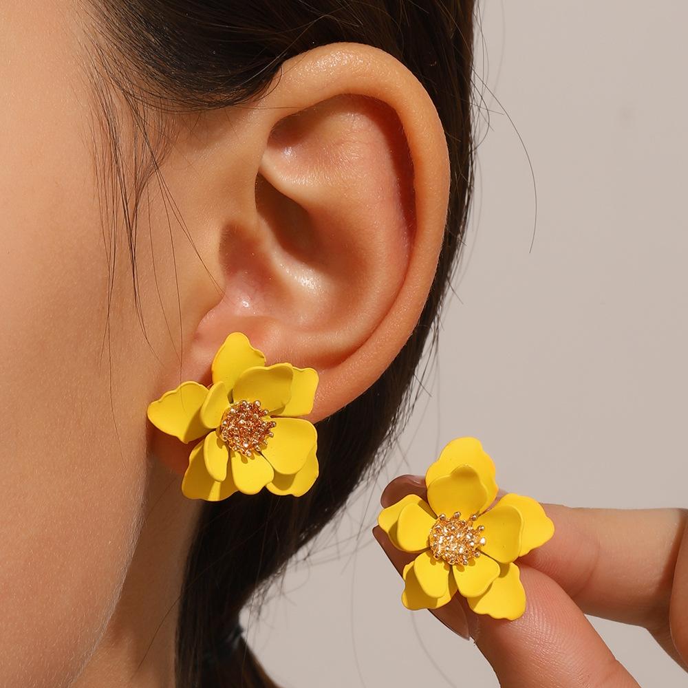 European American Trendy 3D Metal Flower Petal Stud Earrings, Japanese Korean Temperament Women Earrings
