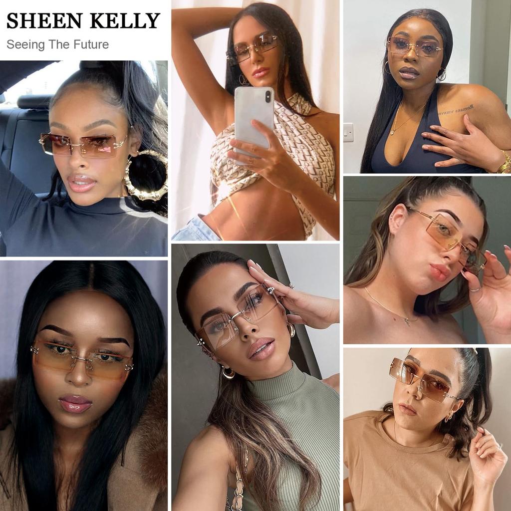 Солнцезащитные очки квадратной ультрамаленькой оправы для женщин и мужчин с прямоугольными линзами в ретро-стиле без оправы [SHEEN KELLY] Прозрачные