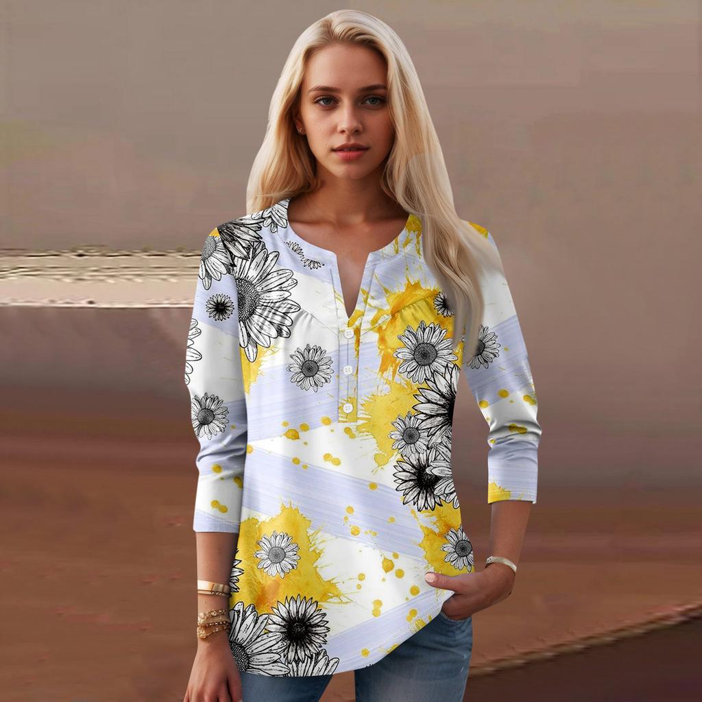 Женская мода повседневный топ с длинным рукавом и круглым вырезом с цветочным принтом