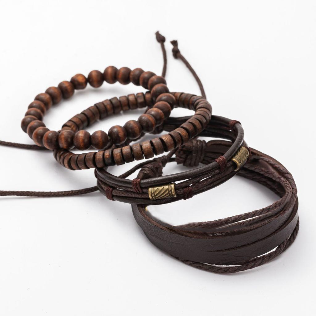 4PCS Fashion Vintage Multi-Layer Wooden Beads Trendy Accessories Men's Bracelet