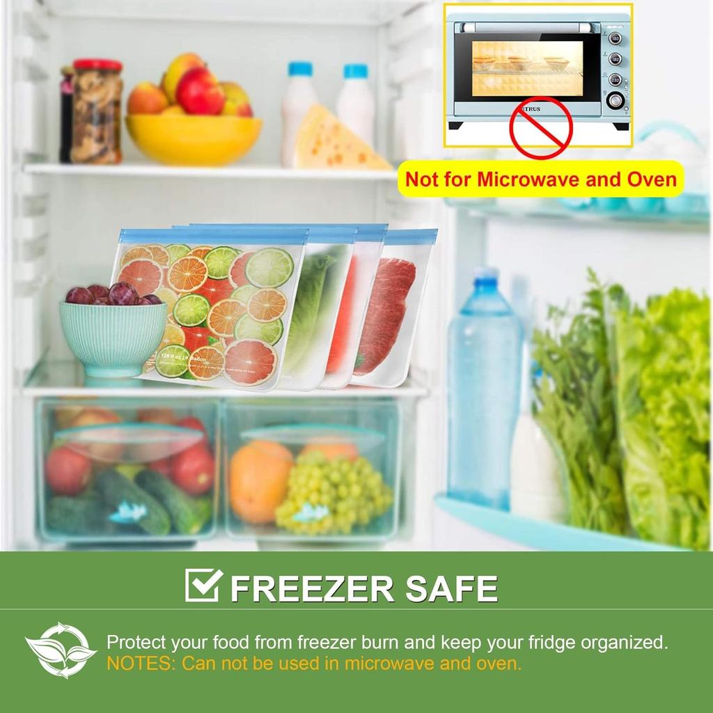 6 Pack Dishwasher Safe Reble Gallon Freezer Bags Food Storage Bags, Extra Thick Leakproof Silicone & Plastic Free Ziplock Bags for Meal Prep, Fruits,