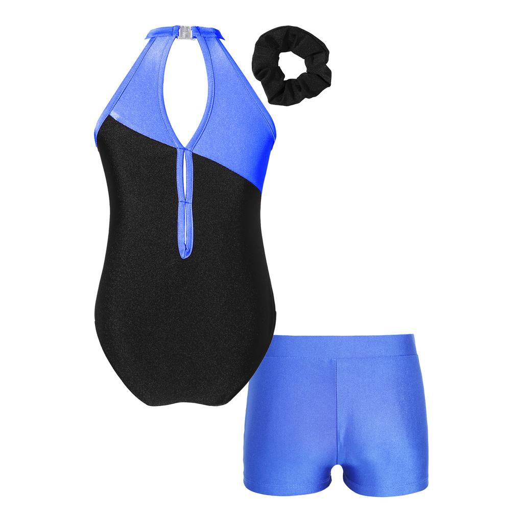 Girls Sleeveless Rhinestones Patchwork Leotard Hair Band V Front Waistband Shorts Dance Gymnastics Set