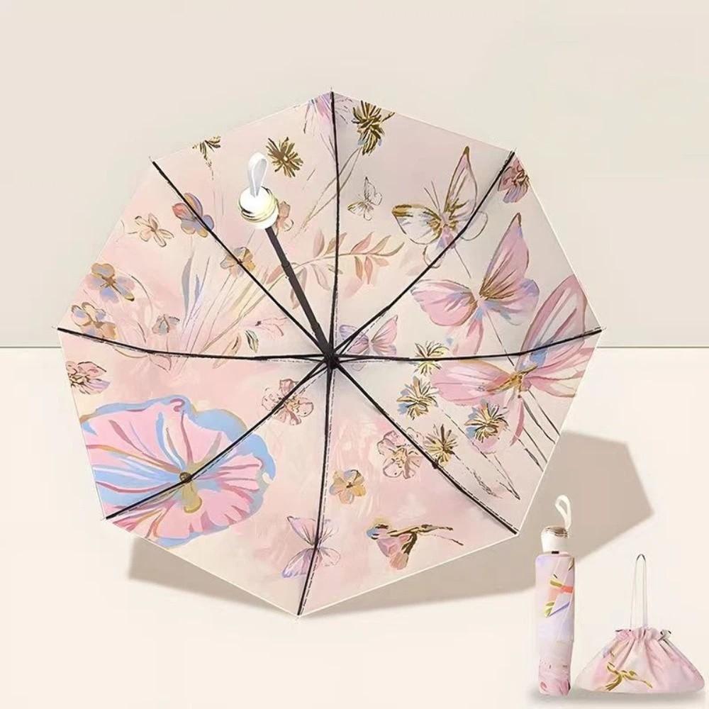 UV Protection Double-layered Sun Umbrella Foldable Floral Print Dual-purpose Sunshade Sun Protection with Storage Bag