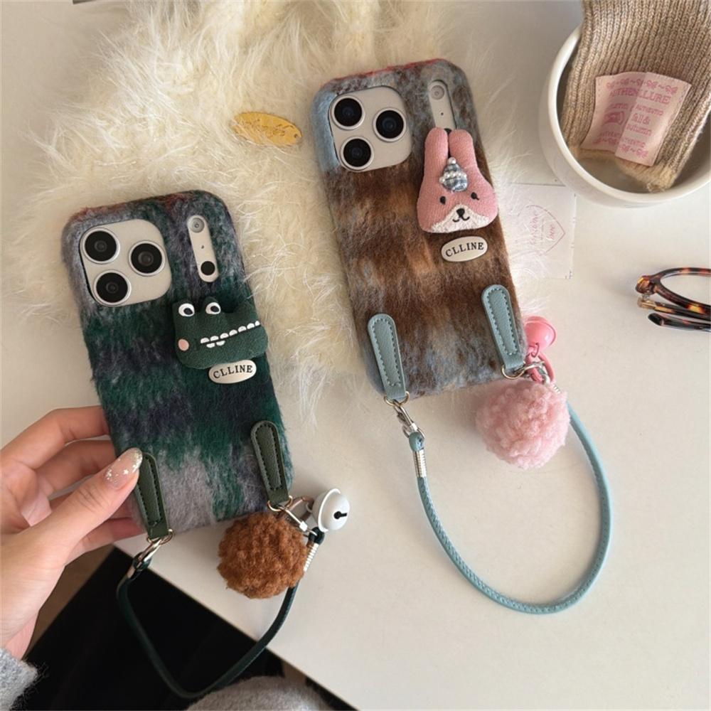 Модная 3D Милый Животный Плюшевый Клетчатый Чехол для Телефона Для iPhone 17 Pro 16 15 Pro Max 13 14 Pro Чехол с Ручным Ремешком Мультяшный C