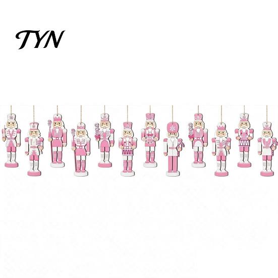 Whimsical Christmas Party Supplies for Girls Pink Wooden Nutcracker Hanging Ornaments Tree Decorations, Soldier Decorative Nutcrackers Living