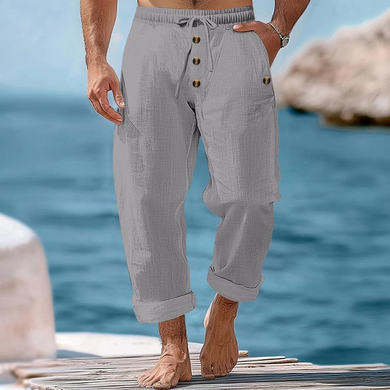 Men Solid White Linen Cropped Pants Elastic Drawstring Waist Buttons Cuffed Hem Beach Casual Trousers