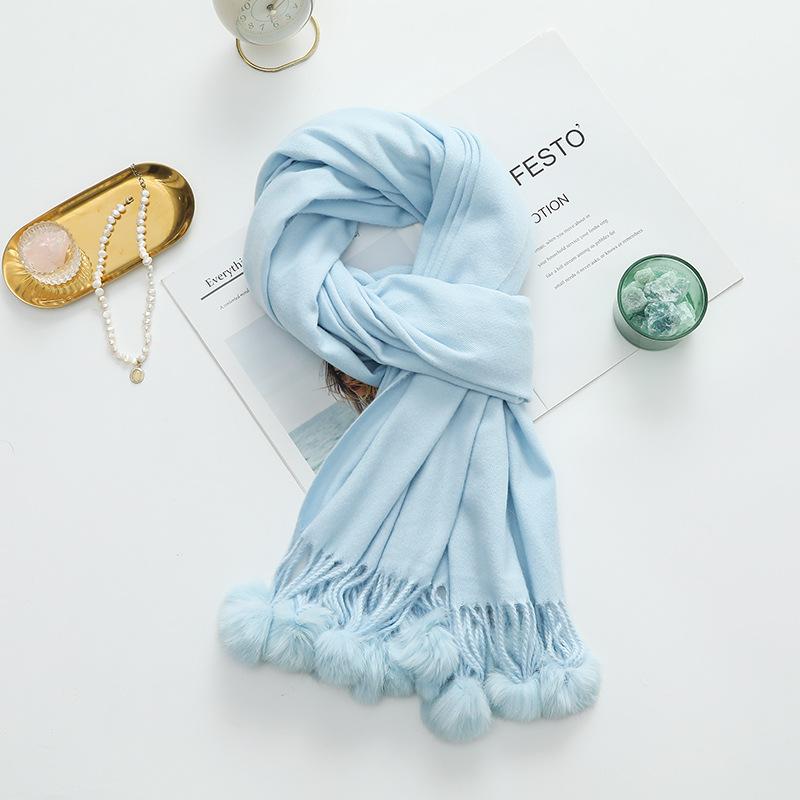 Cashmere Wool Scarf Women's Autumn and Winter High End Solid Color Ball Scarf Versatile Shawl Wool Ball Imitation Cashmere Scarf
