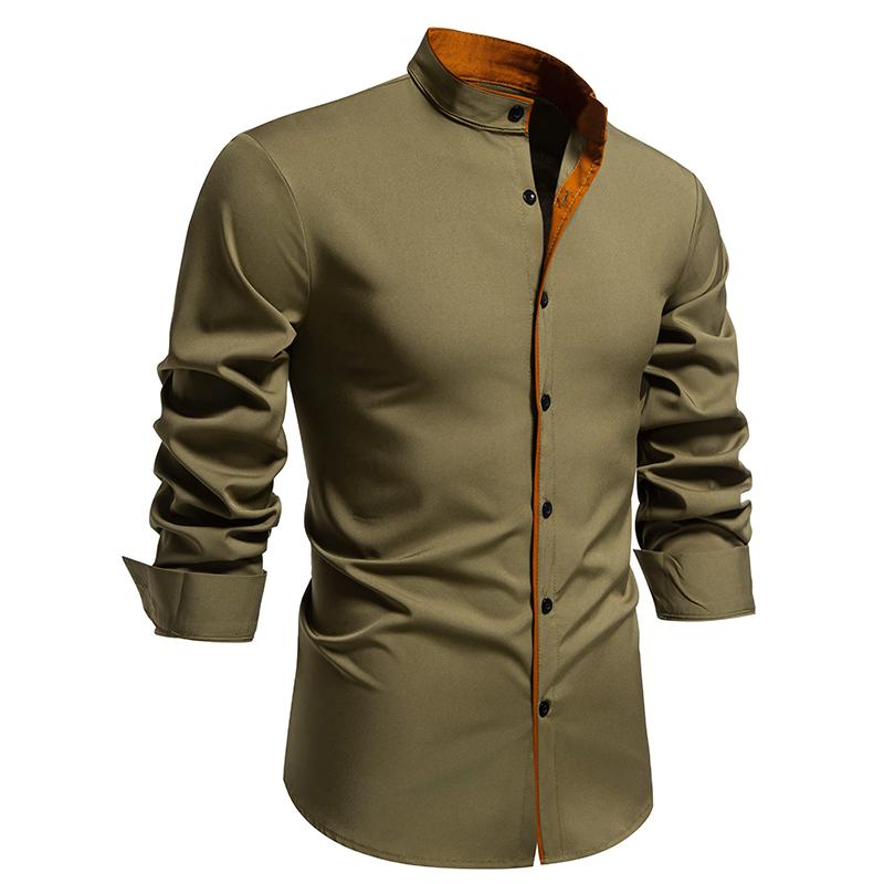 Autumn Men's Color Blocking Shirts Long Sleeve Henry Collar Casual Shirts Single Breasted Shirts Classical Tops