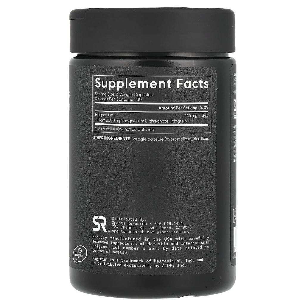Sports Research MAG LT™, Magtein®, 2000 мг, 90 растительных капсул (666 мг на капсулу)