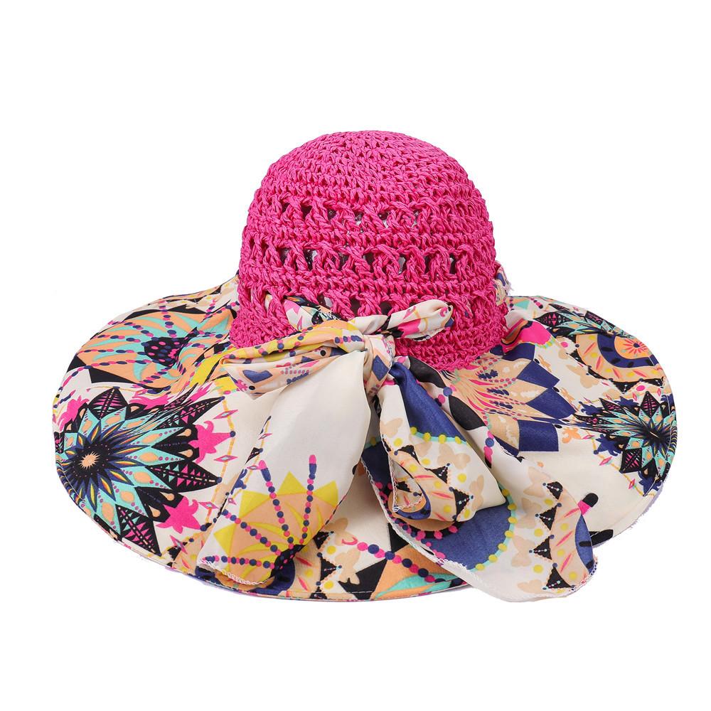 Fashion Sun Hat For Women Holiday Beach Straw Hat Female Hollow Printed Bow Summer Big Brim Hat Fold Uv Protection Floppy Hat