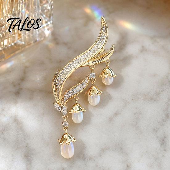 Брошь-булавка Talos, Цветок из имитации жемчуга, Булавка для лацкана с блестящим кубическим цирконием, Дизайн с цветочной бахромой-подвеской, Значок для костюмов, платьев, сумок, Повседневная носка