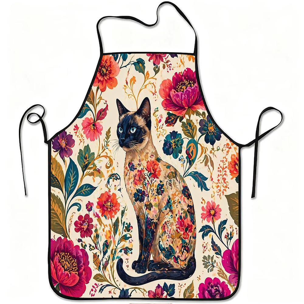 1pc Floral Cat Art Print Apron, Durable and Easy to Clean, Adjustable Waistband, Polyester Material, for Kitchen Cooking, Gardening, Orchard Picking,
