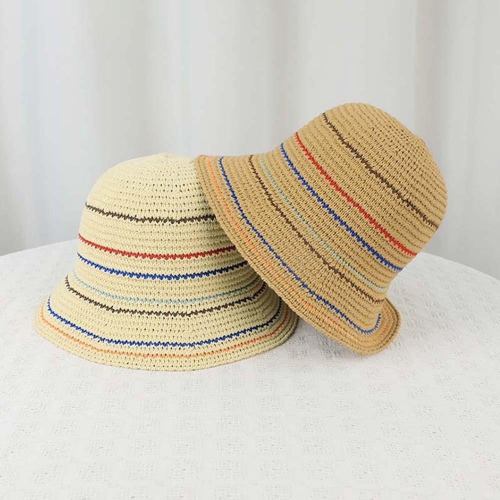 Hollow Out Knitted Bucket Hat Breathable Colorful Striped Fisherman Hat Vacation