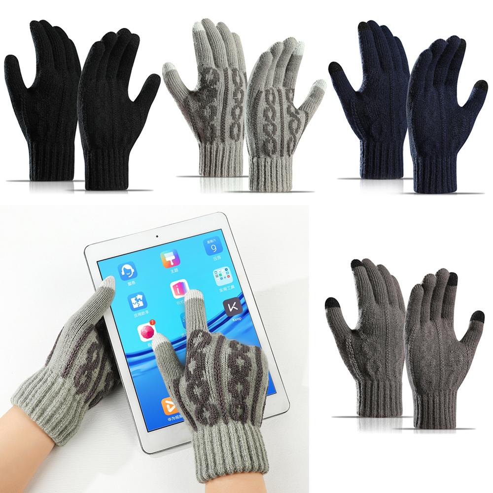 Men Women Plus Velvet Soft Touch Screen Mittens Thick Warm Arm Warmers Knitted Gloves