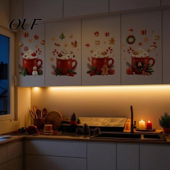 Waterproof Vinyl Kitchen Stickers 2Pcs Christmas Hot Drinks Wall for Cabinets, Self-Adhesive Art Holiday Cabinet Home Decor, Removable PVC Mug Decals