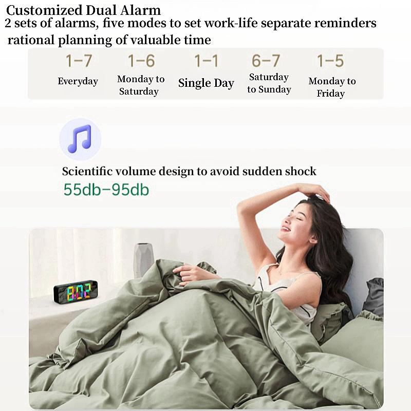 11 цветов RGB цифровой будильник с недельным летним временем и неограниченным повтором сигнала, настольные часы 12/24 ч., 2 будильника, ночной режим, выход USB, светодиодные зеркальные часы