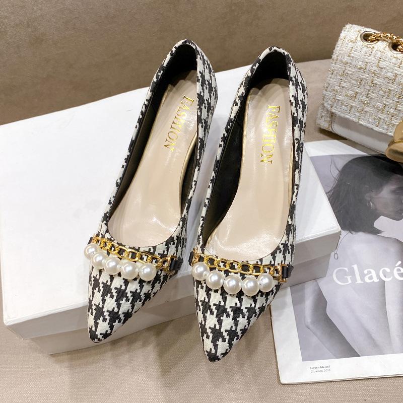 Новые туфли-лодочки в гусиную лапку для женщин, с острым носком, на тонком каблуке, рабочие туфли, темпераментные, с неглубоким вырезом, одинарные туфли для женщин в весенне-осеннем стиле