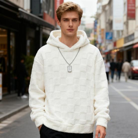 Осень Зима Мужское Худи Однотонное Клетчатое Свободное Повседневное С Капюшоном Толстовка Дышащая Плотная Теплая Плюшевая С Длинными Рукавами Пуловер Топ