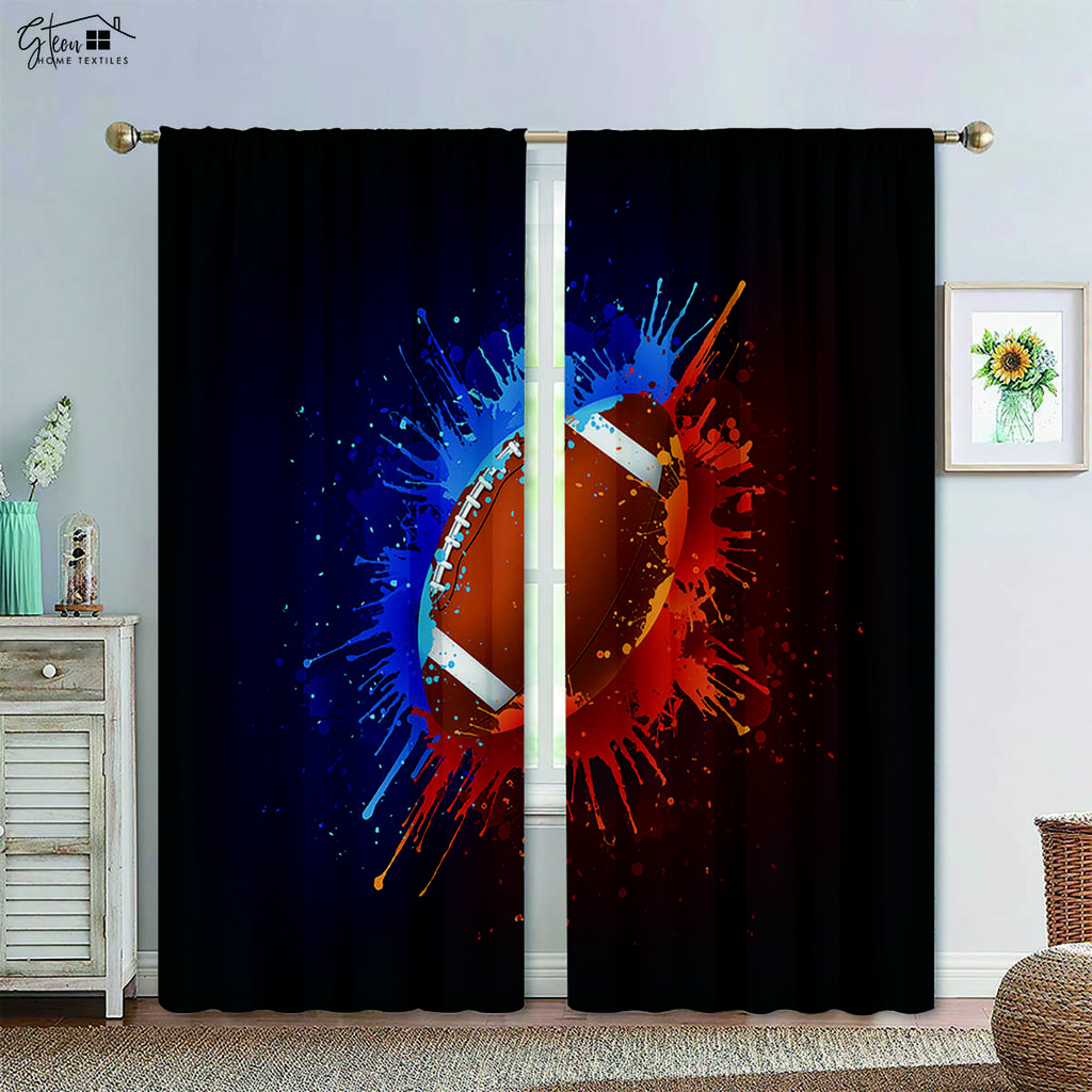 Basketball Football in Water and Fire Black Printed Curtain Rod Pocket Design Machine Washable Bedchamber Living Area Decorative Curtains
