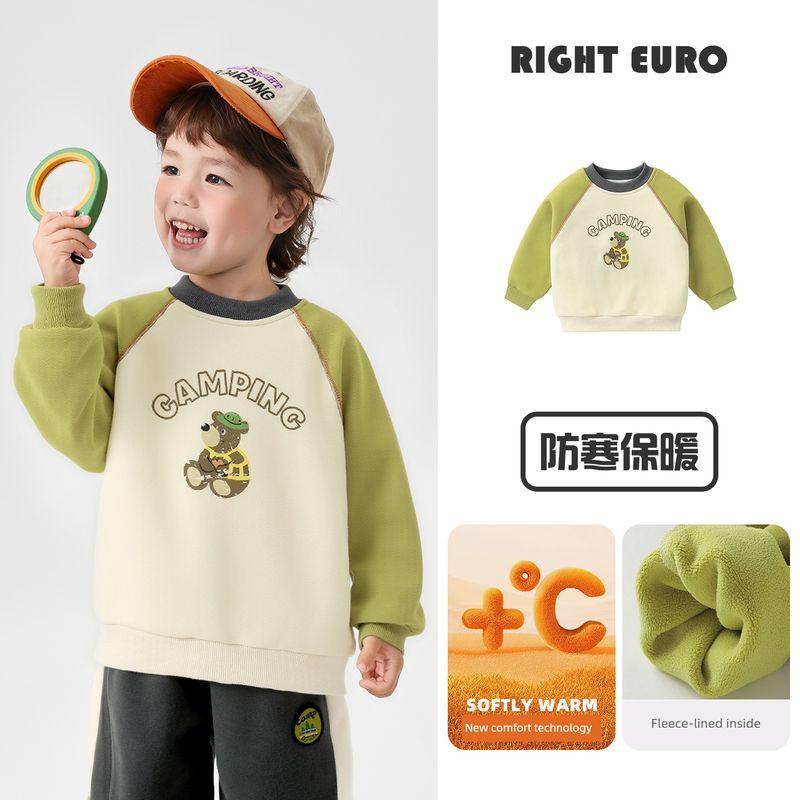 Right European Style Boys' Raglan Sleeve Cartoon Fleece-Lined Thickened Crew Neck Sweatshirt Winter Clothing Baby Toddler Thickened Warm Top Trendy